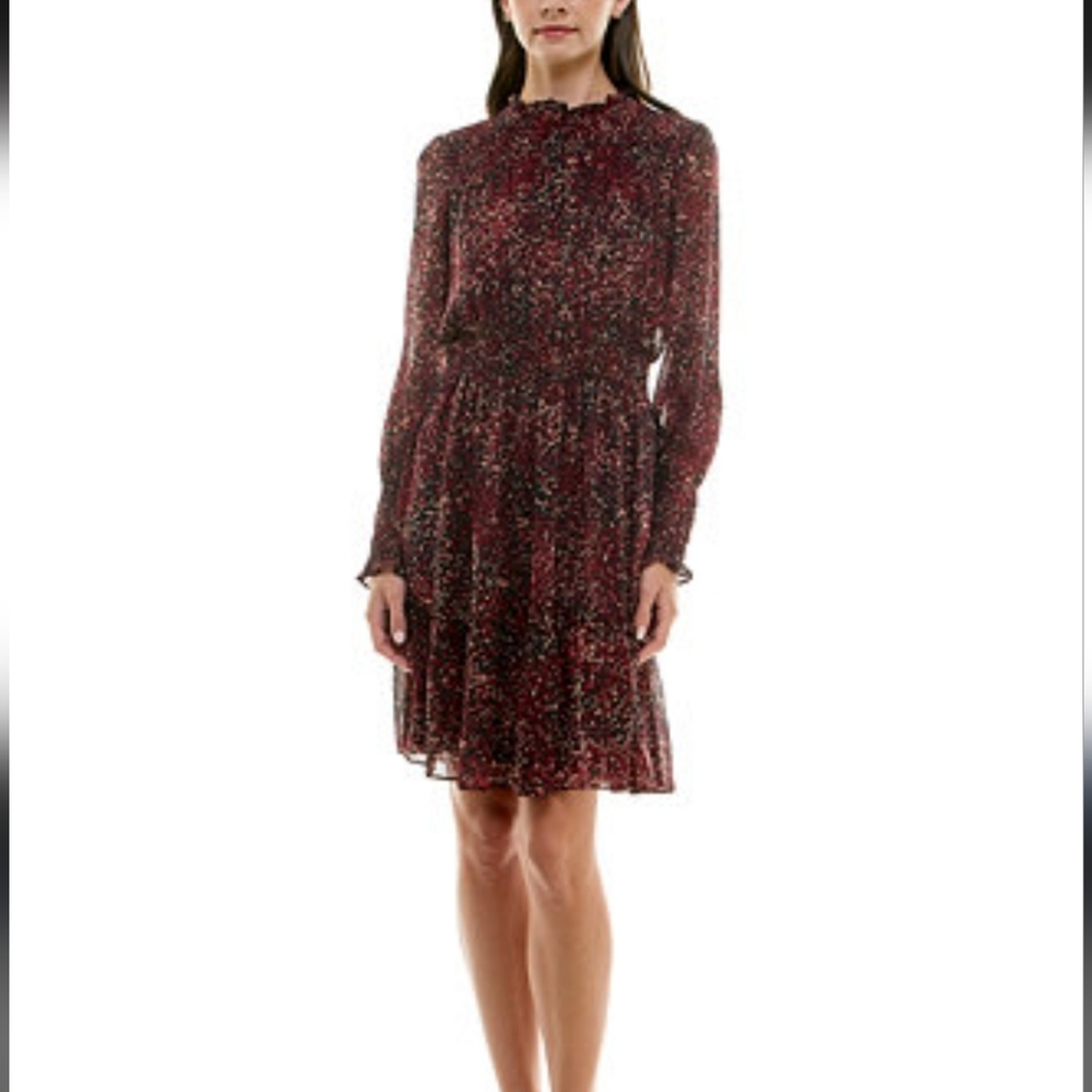 Taylor Burgundy Red Black Floral Long-Sleeve A-Line Dress Size 6 New